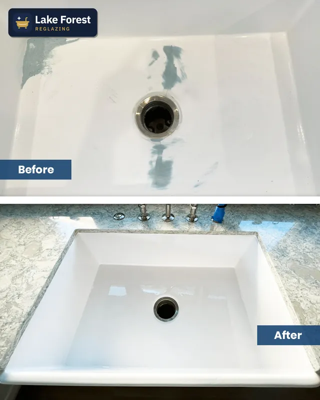 Undermount bathroom sink, before and after reglazing by Lake Forest Reglazing