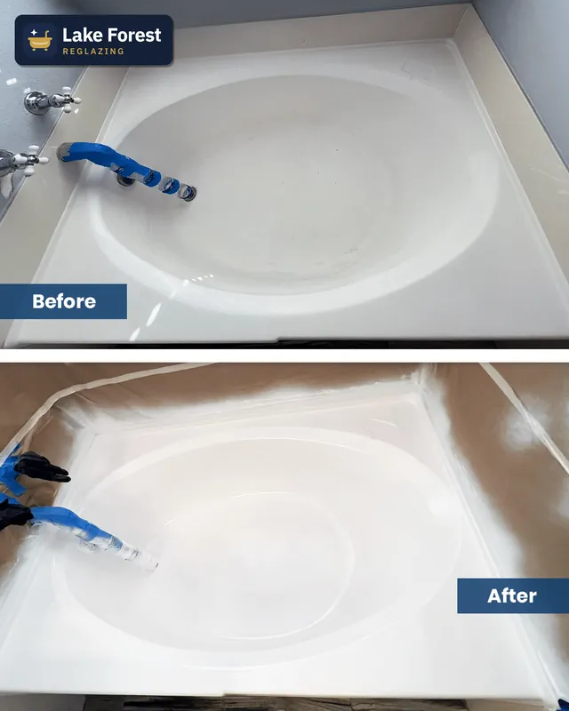 Oval fiberglass garden tub, before and after reglazing by Lake Forest Reglazing