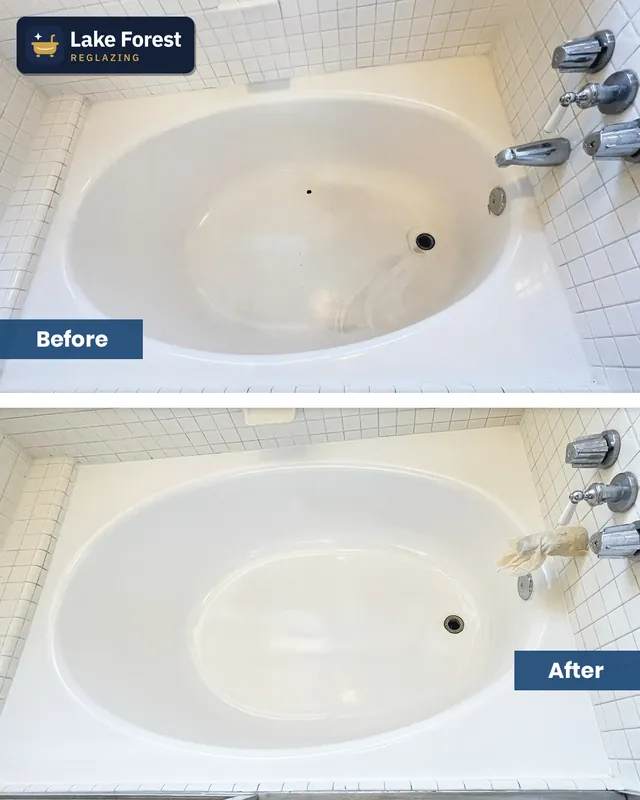 Oval garden tub on a tile deck, before and after reglazing by Lake Forest Reglazing