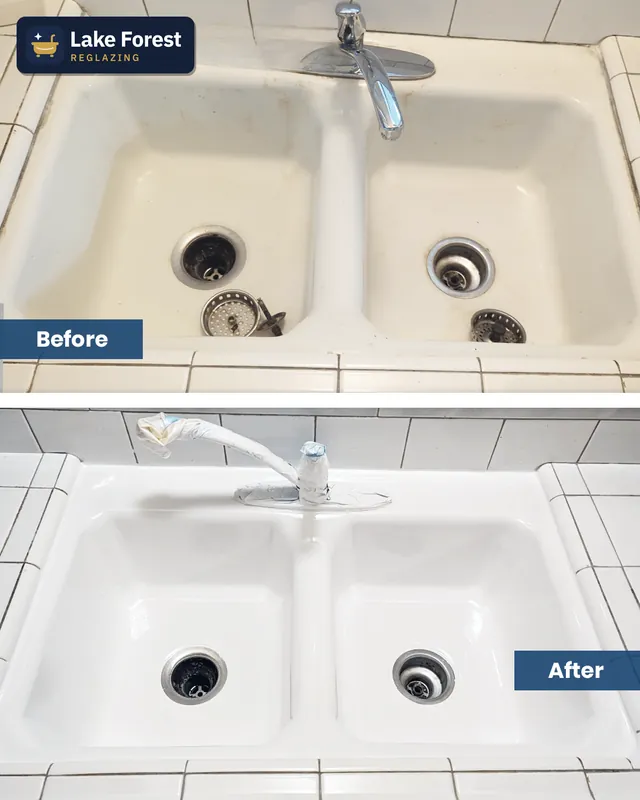 Cast-iron kitchen sink, tile counter, before and after reglazing by Lake Forest Reglazing