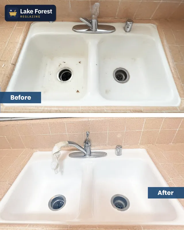 Double-bowl kitchen sink, before and after reglazing by Lake Forest Reglazing