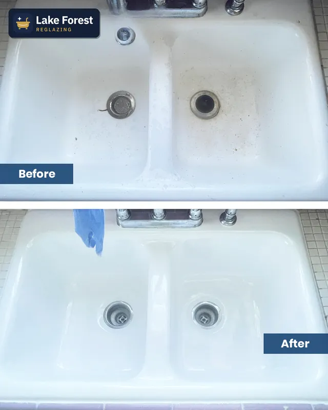 Double kitchen sink, before and after reglazing by Lake Forest Reglazing
