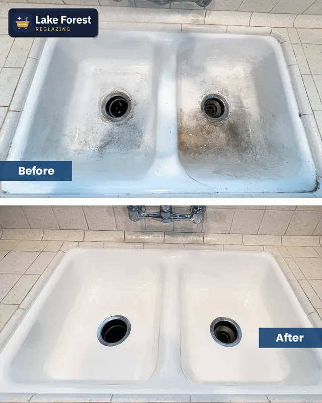 Kitchen sink with heavy staining, before and after reglazing by Lake Forest Reglazing