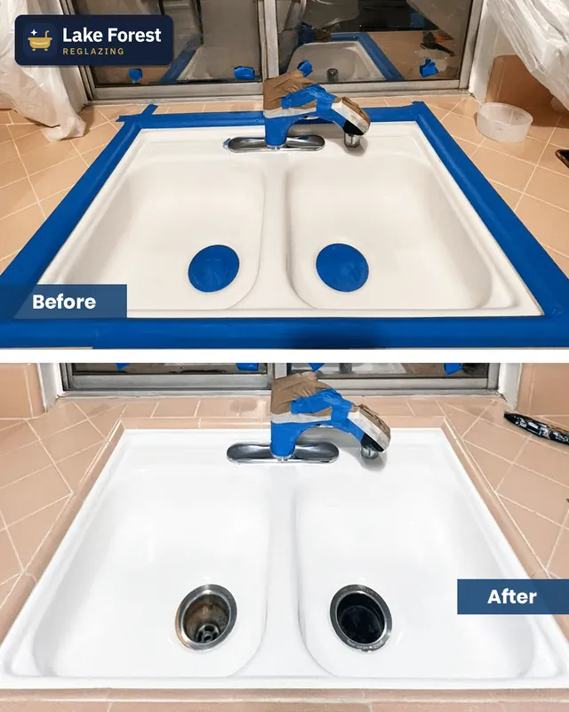 Kitchen sink, masked and refinished, before and after reglazing by Lake Forest Reglazing