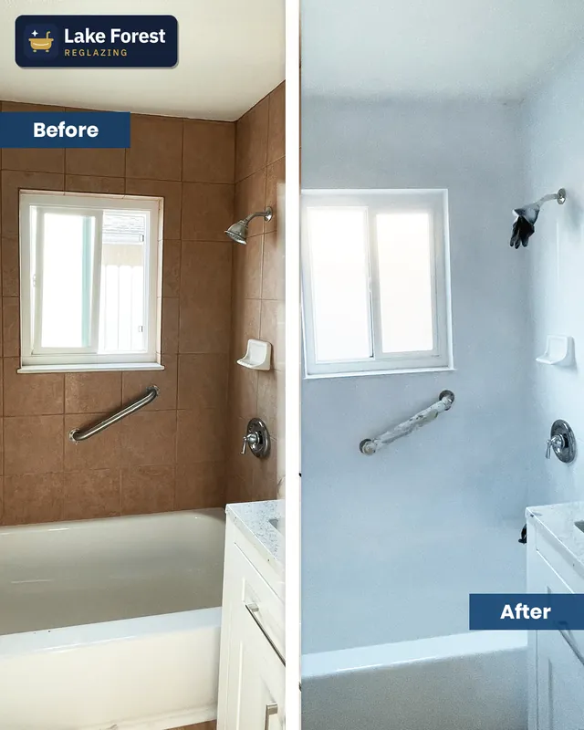 Brown tile shower to white, before and after reglazing by Lake Forest Reglazing