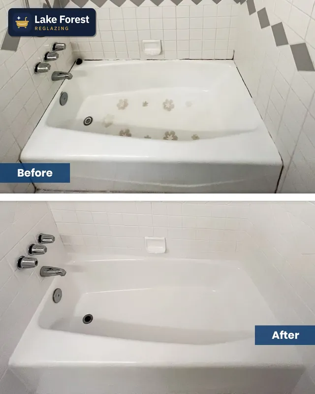 Tub with worn non-slip appliqués, before and after reglazing by Lake Forest Reglazing