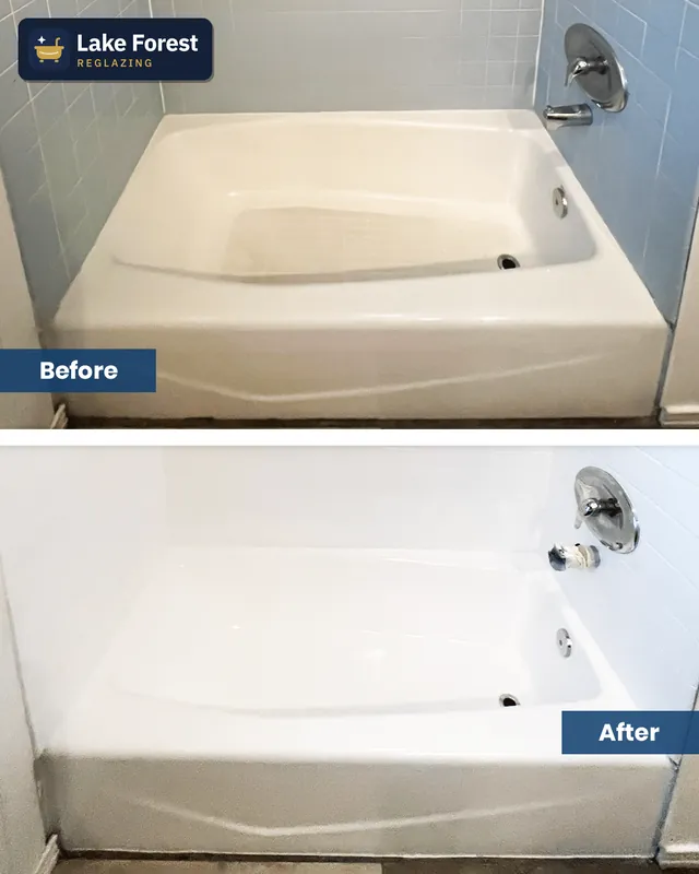 Alcove tub with blue tile walls, before and after reglazing by Lake Forest Reglazing