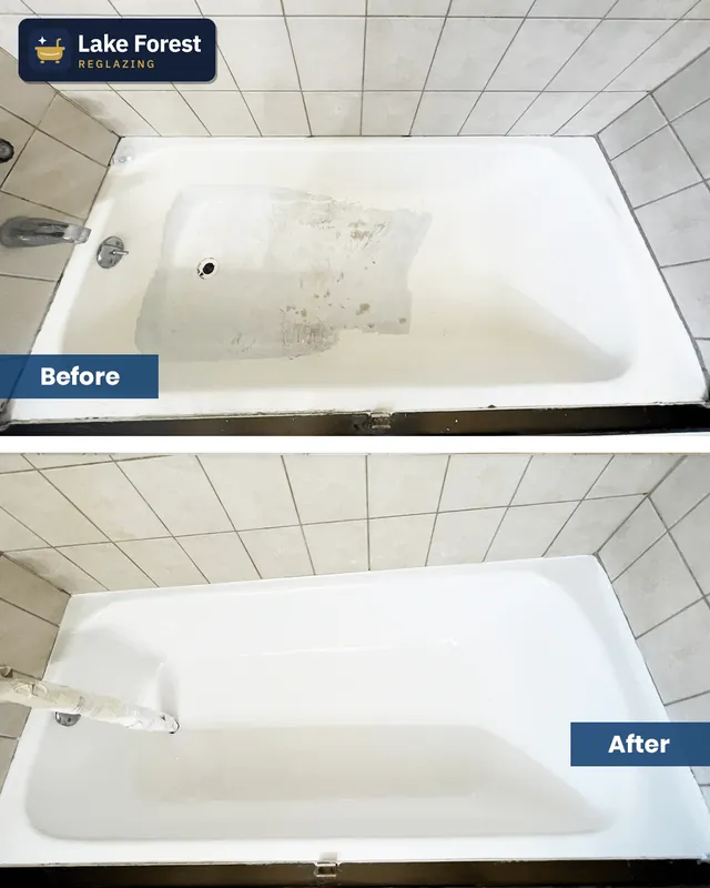 Failed DIY refinish, stripped and redone, before and after reglazing by Lake Forest Reglazing