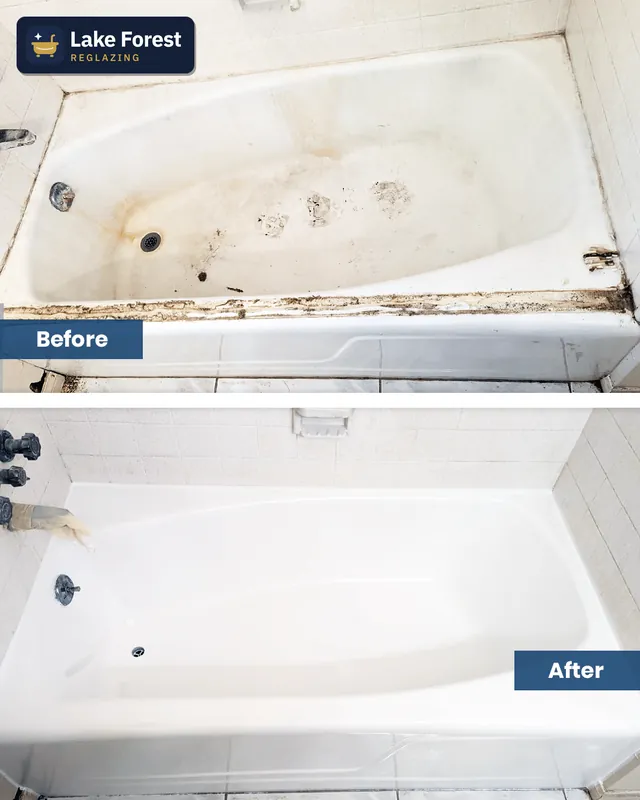 Mildew-stained tub and caulk line, before and after reglazing by Lake Forest Reglazing