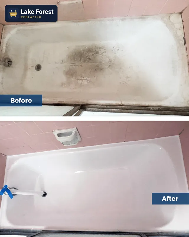 Porcelain tub in a pink-tile bath, before and after reglazing by Lake Forest Reglazing