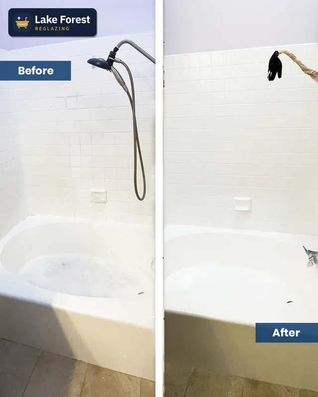 Tub-shower with tile walls, before and after reglazing by Lake Forest Reglazing