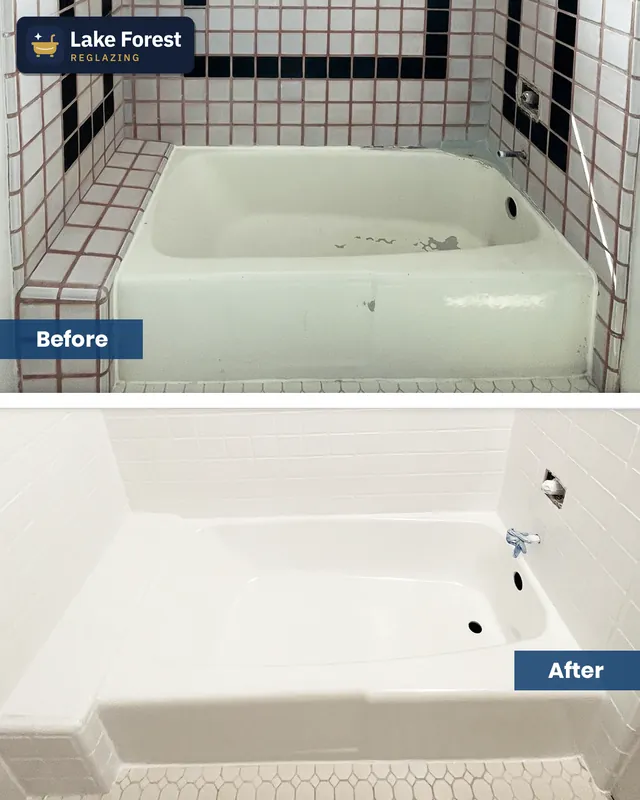 Tub and tile surround, pink grout, before and after reglazing by Lake Forest Reglazing