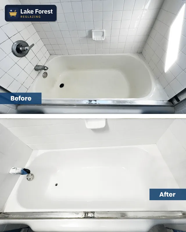 Tub in a white-tile shower, before and after reglazing by Lake Forest Reglazing